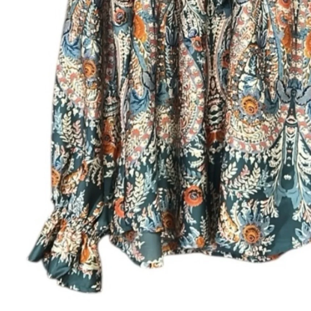 Umgee Boho Green Orange Floral Print Blouse Top V-Neck Long Sleeves Ruffle Small - Picture 6 of 11